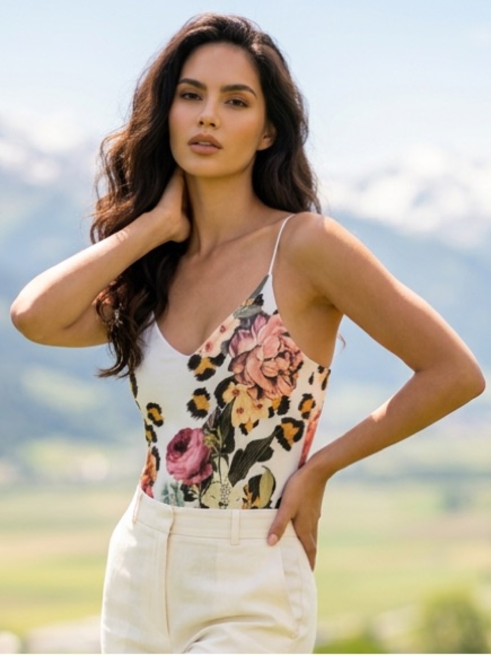 Gaze Women’s White Multicolor Floral Spaghetti Strap Bodysuit, Size S